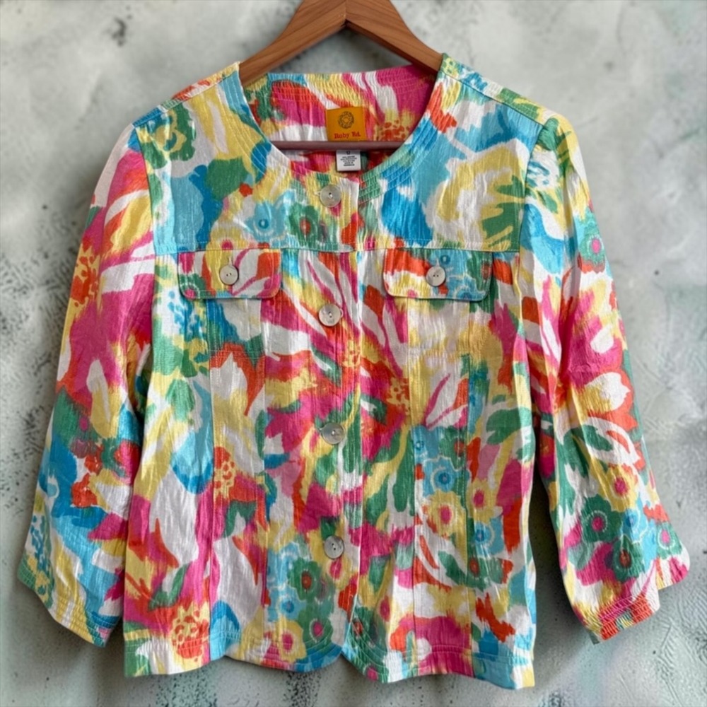 Ruby Rd Womens Floral Abstract Button Front Jacket Multi Color Size 12